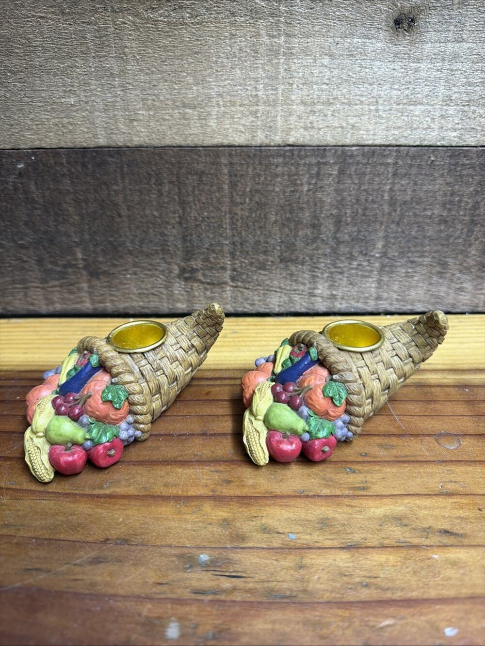 Vintage Thanksgiving Cornucopia Candle Holder Set Of 2
